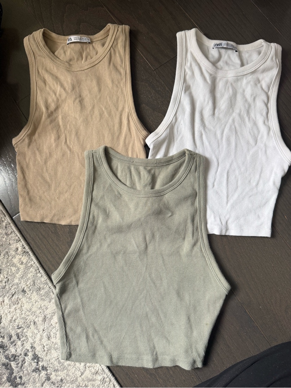 Zara Ribbed Tank Tops in White, Beige & Sage (Set of 3)